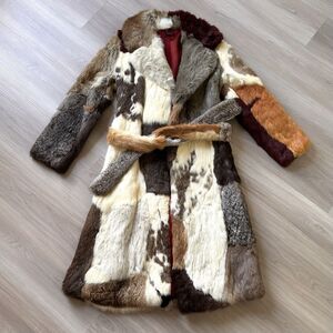Vintage 60s 70s Rabbit Fur Patchwork Coat With Belt Womens XS/S